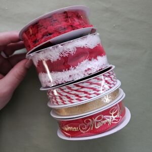 NEW Ashland Christmas Set of 5‎ Narrow Festive Ribbon Rolls (3 x Wired, 2 x Reg)